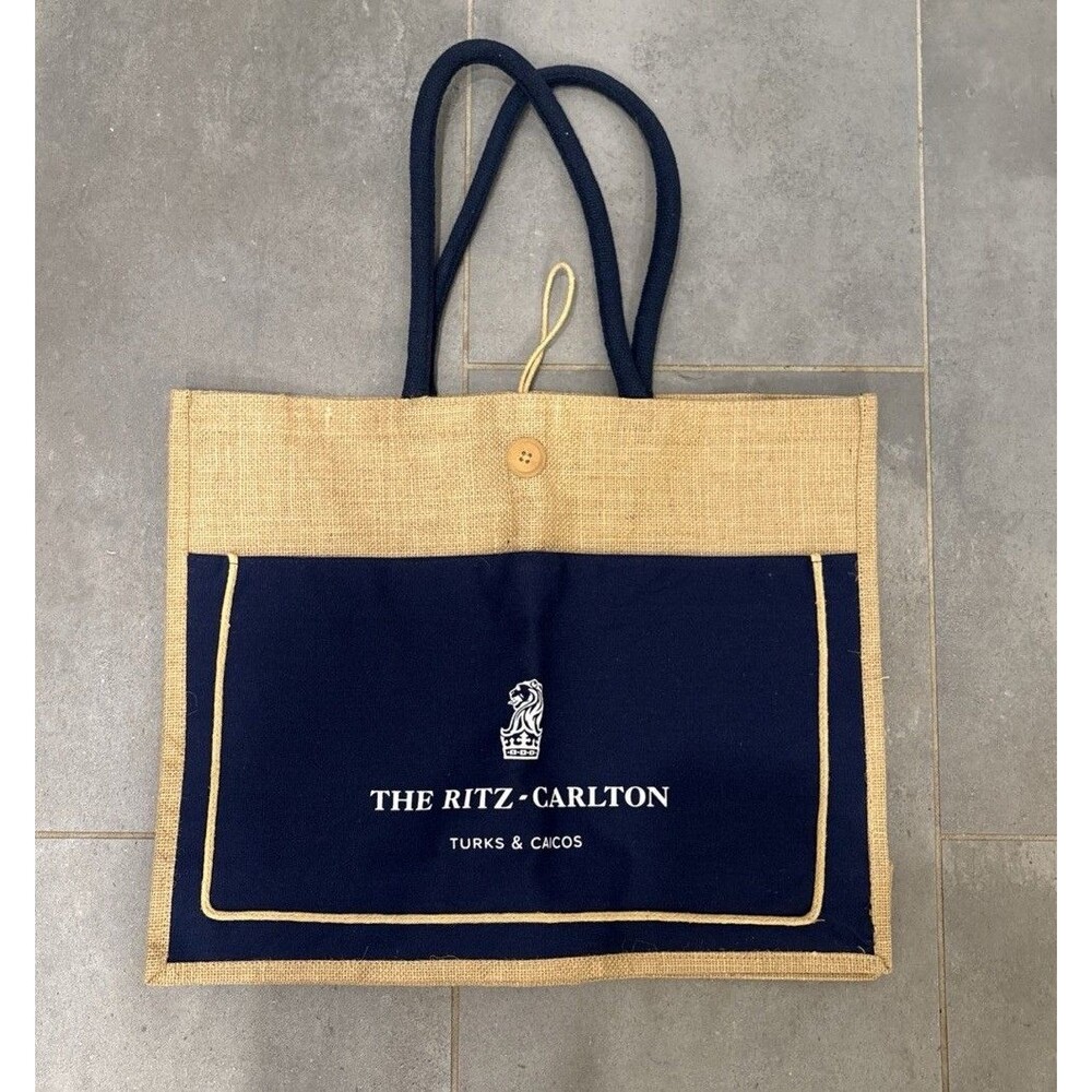 Ritz-Carlton Turks & Caicos Jute Fabric Burlap Tote Bag Navy Blue-Tan Beach Bag